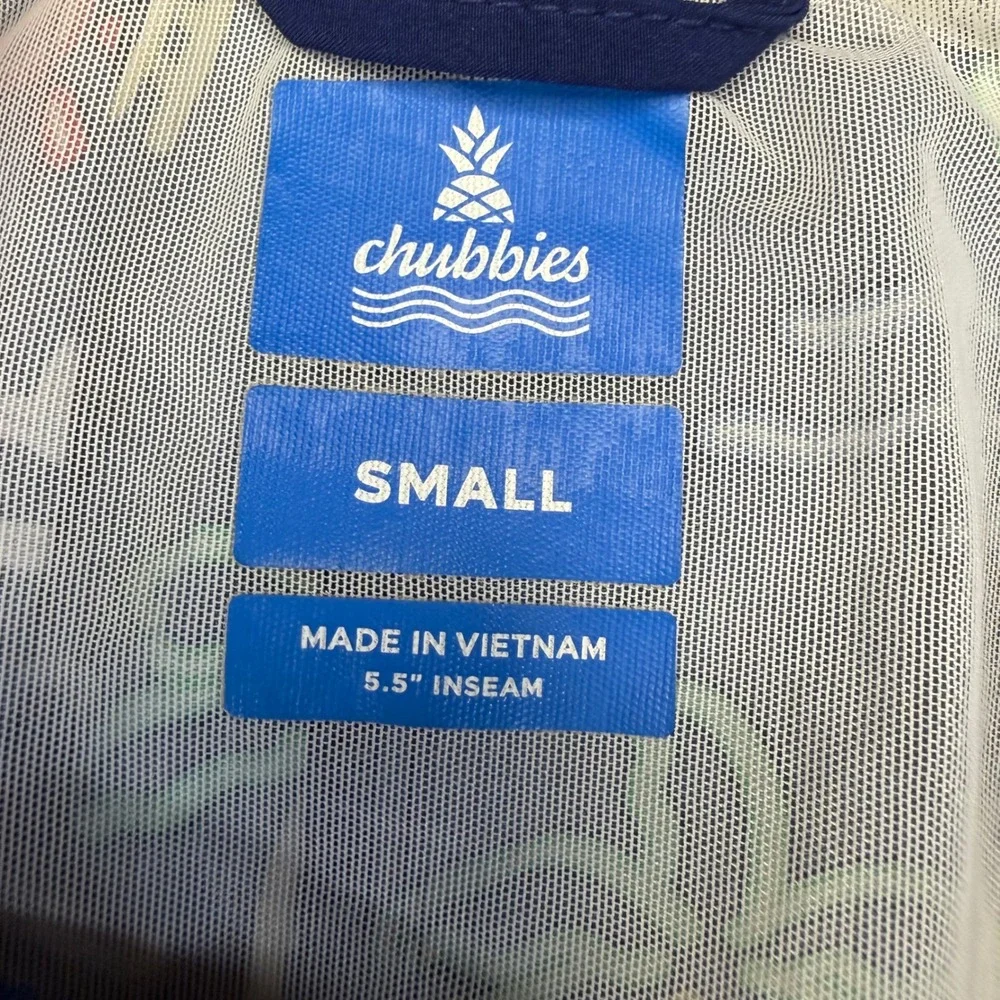 Chubbies Mens Neon Flamingo Palm Tree Cocktail Swim Trunks Navy Blue Small 5.5